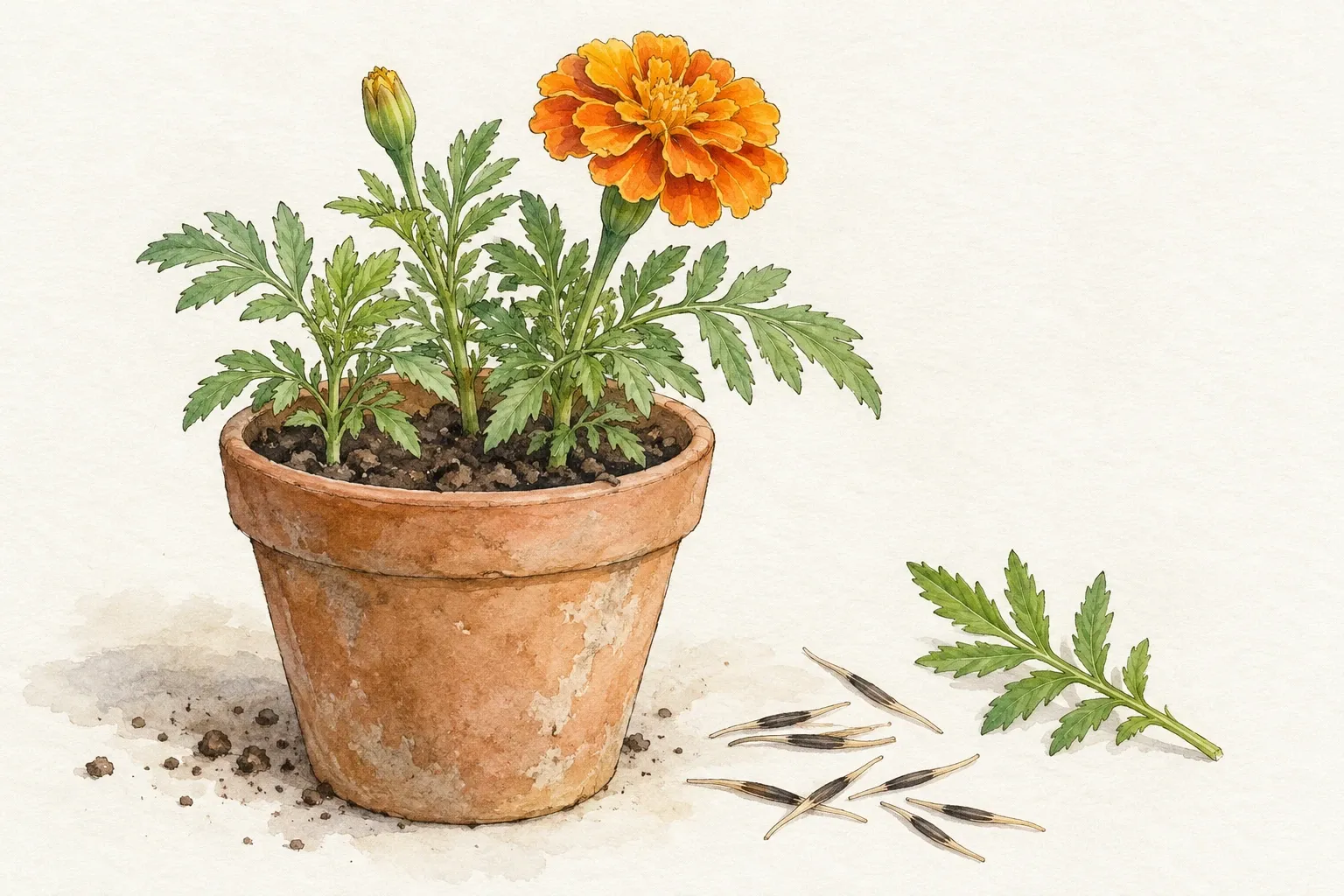 Terracotta pot met oranje afrikaantje, aarde, zaden en blad naast elkaar