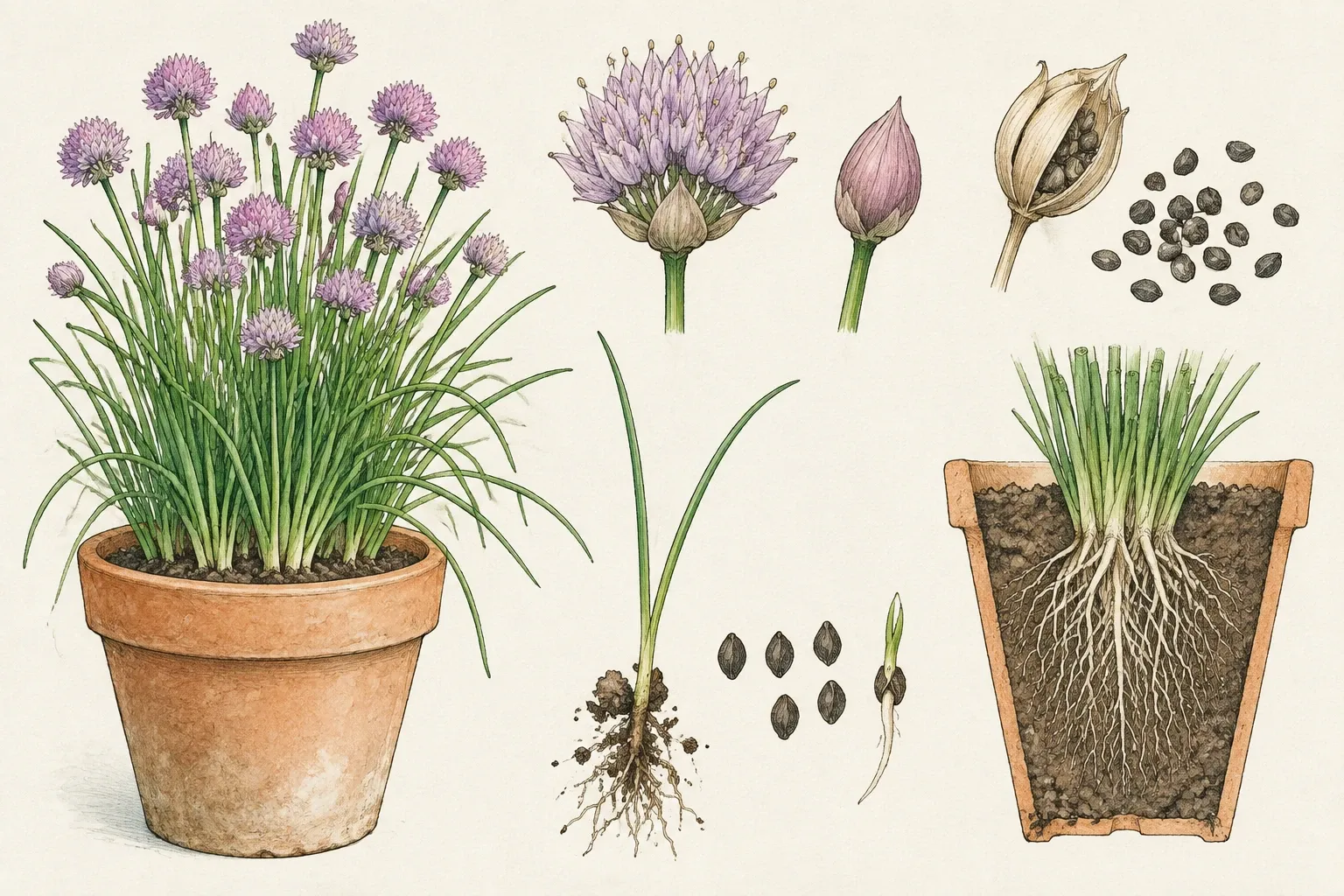 Illustratie van bieslook: potplant, bloemen, bol, zaden en doorsnede met wortels