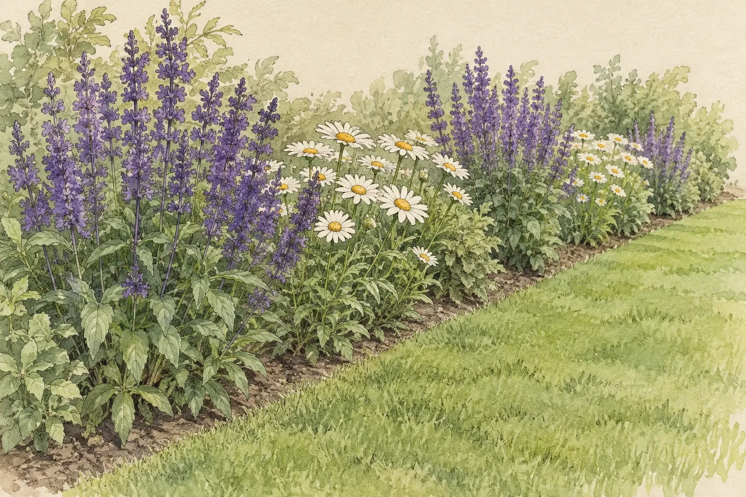 Rijke border met paarse salvia en witte margrieten langs een groen gazon