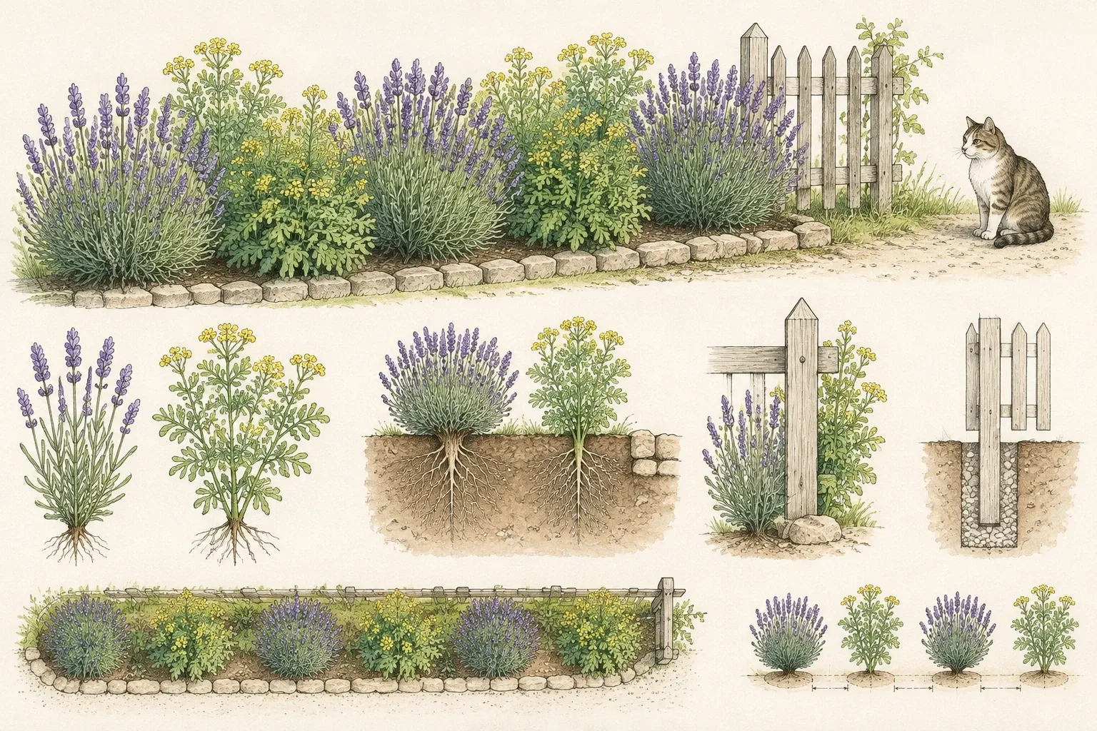 Tuinrand met lavendel en andere planten, kat zit bij houten hek