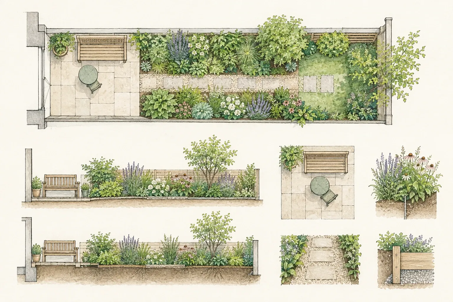 Tuinontwerp bovenaanzicht en details van smalle tuin met pad, borders en bankje