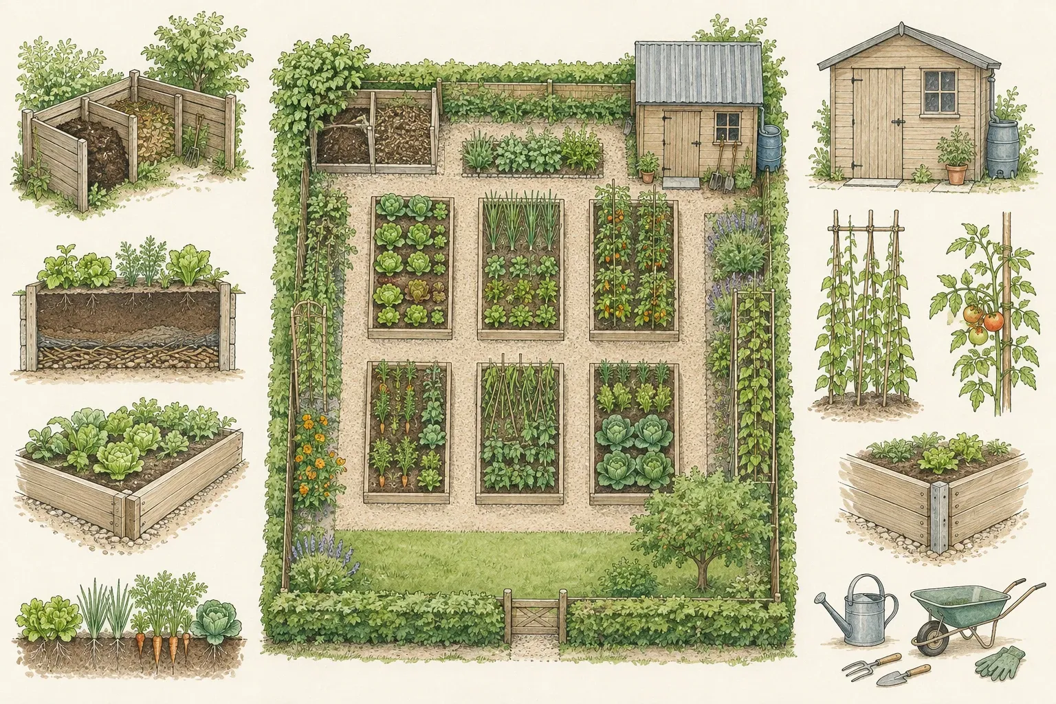 Tuinindeling met negen verhoogde moestuinbedden, kas, schuur en tuingereedschap zichtbaar