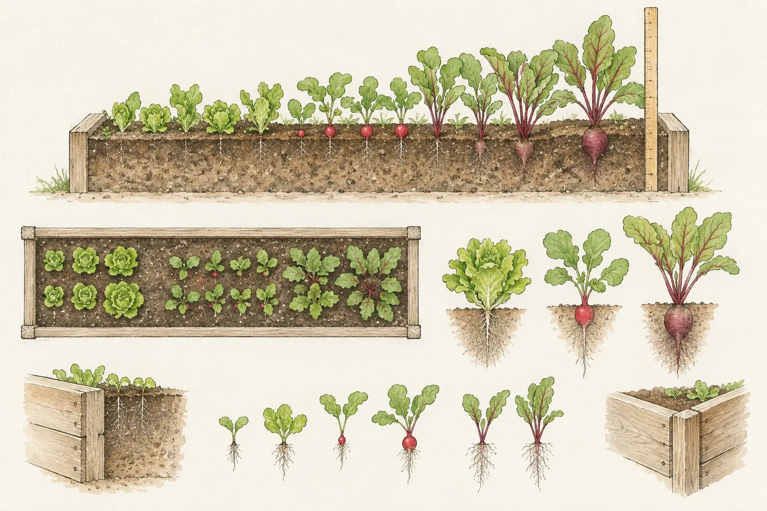 Tekeningen van verhoogde moestuinbakken met sla, radijs en bieten in verschillende groeistadia