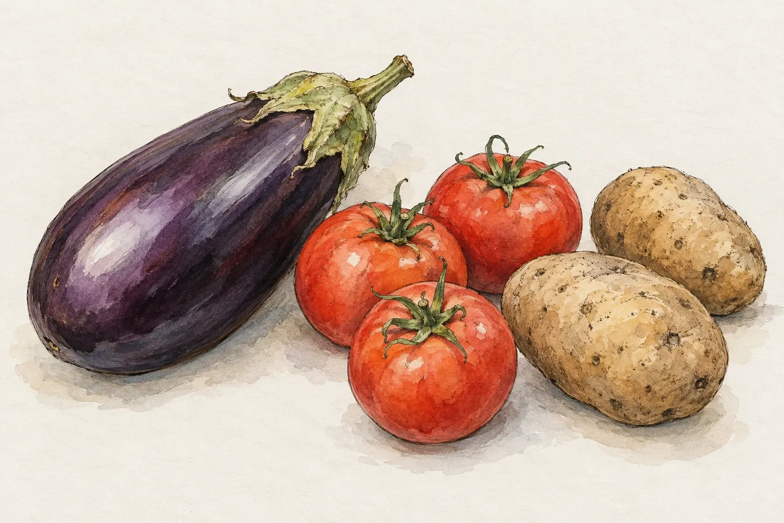 Paar rijpe tomaten naast een aubergine en twee aardappelen op witte ondergrond