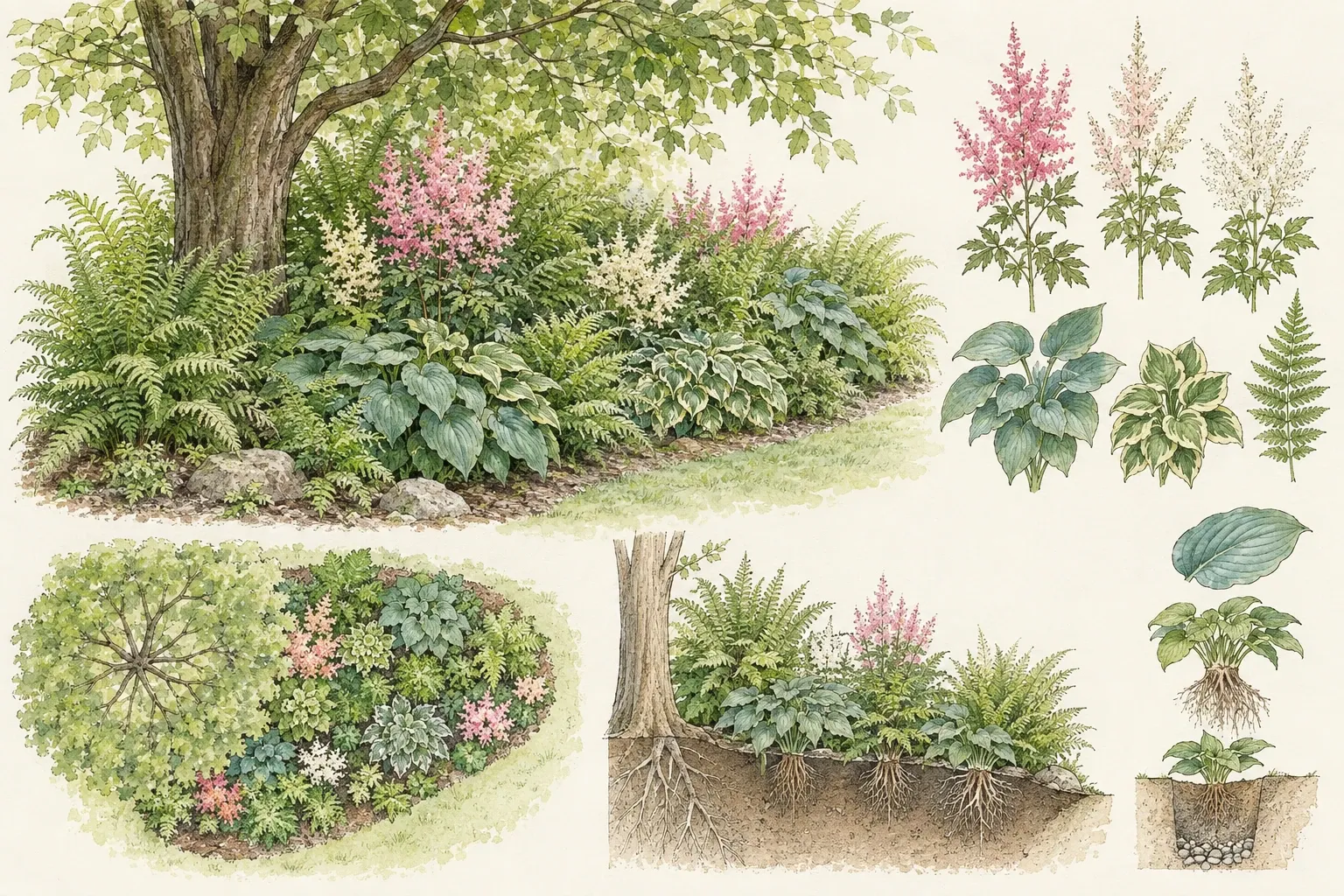 Onderbeplanting onder boom met varens, hosta's en roze astilbe, doorsnede wortels zichtbaar