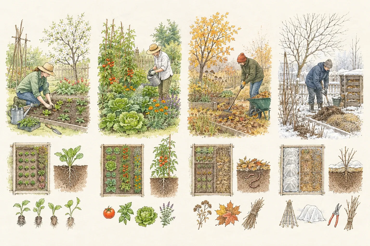 Vier seizoenen tuinwerk: zaaien en planten, water geven, bladeren harken, bedden afdekken tegen vorst