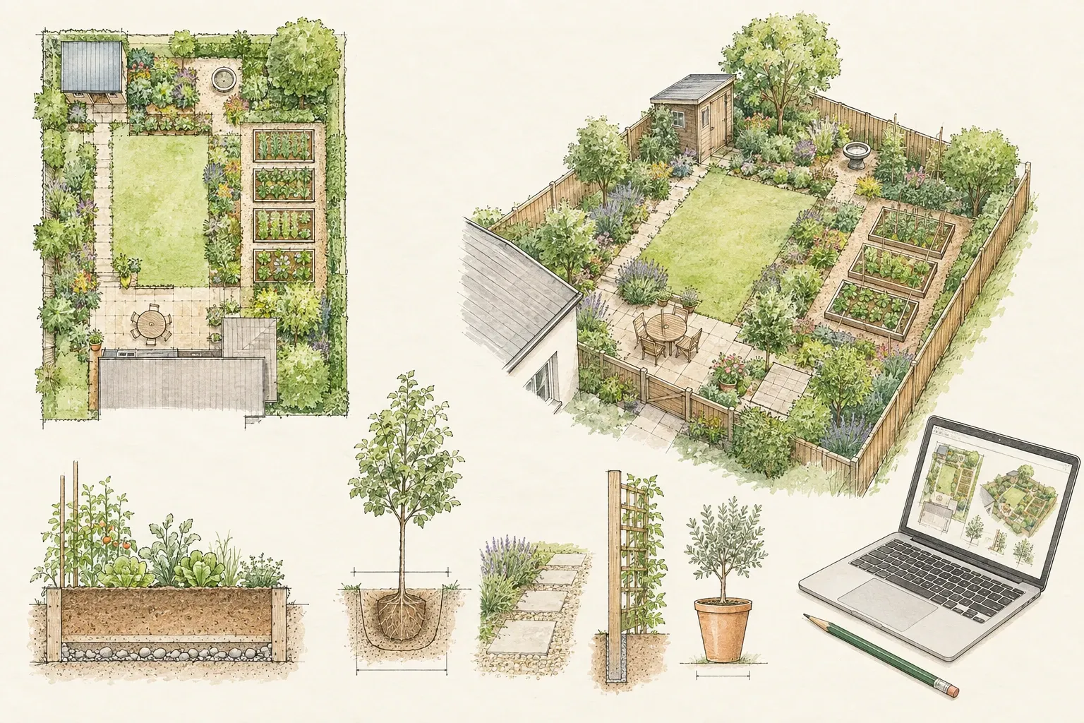 Tuinontwerp overzicht met gazon, verhoogde moestuinbakken, tuinhuisje en laptop met schets