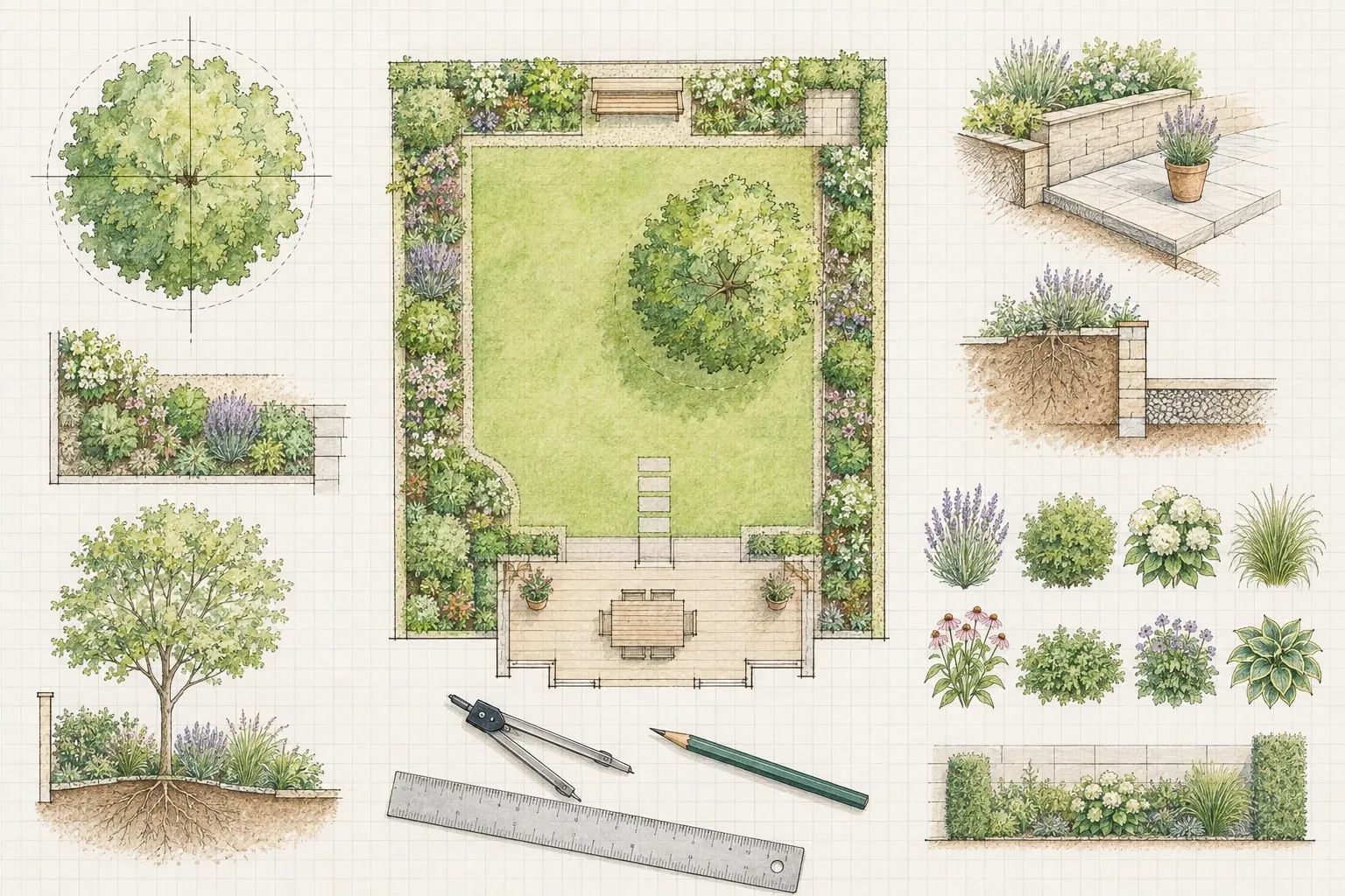 Tuinontwerp plattegrond met gazon, centrale boom, borders, terras en ontwerpgereedschap