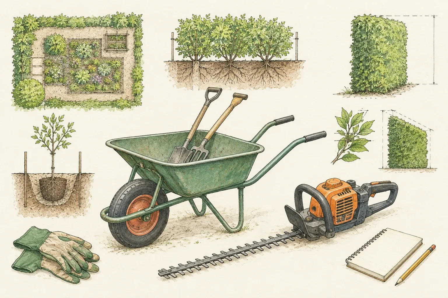 Kruiwagen met schop, harktjes, handschoenen, heggenschaar en notitieblok in tuincontext