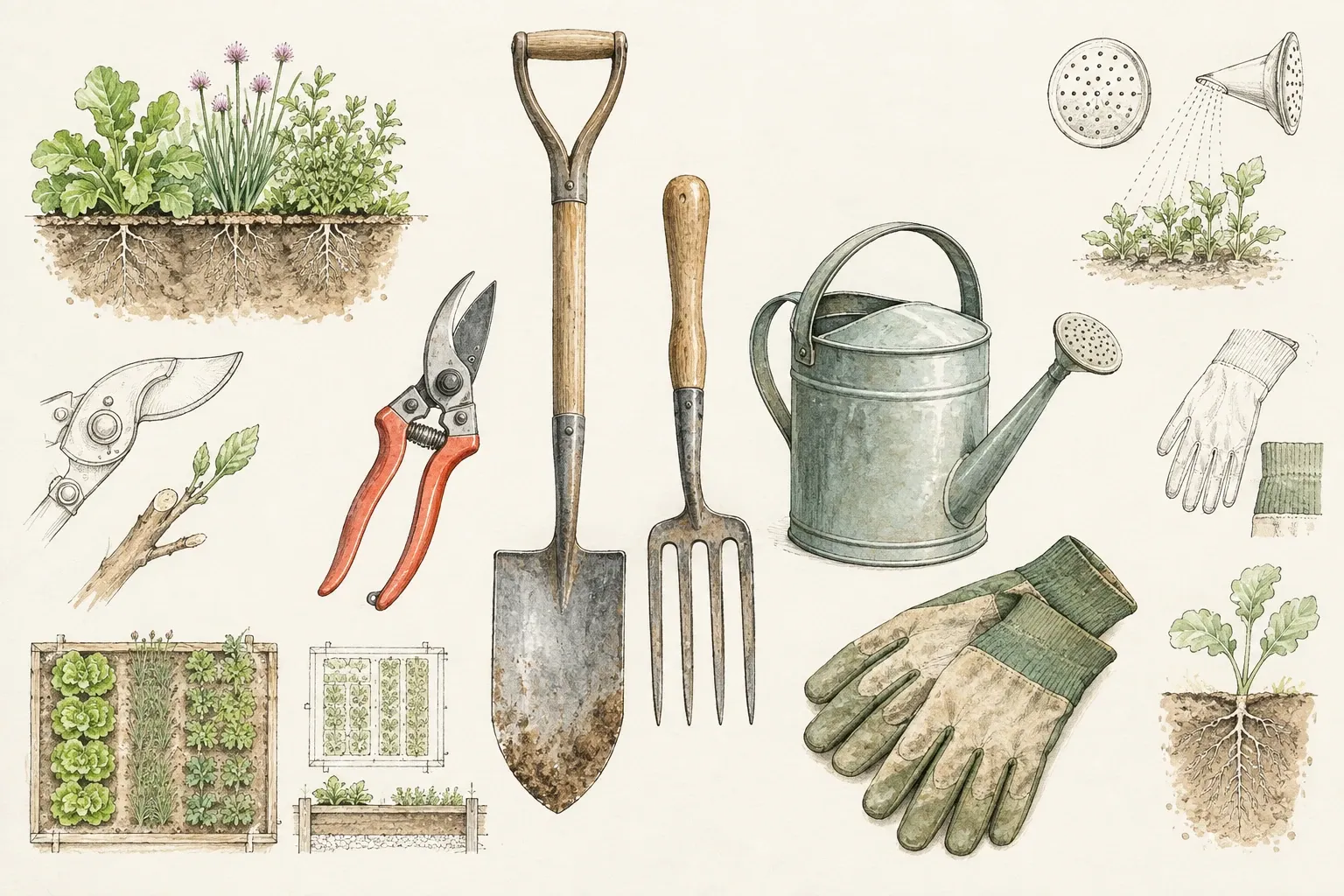Tuingereedschap: schep, tuinvork, gieter, snoeischaar en handschoenen op witte achtergrond