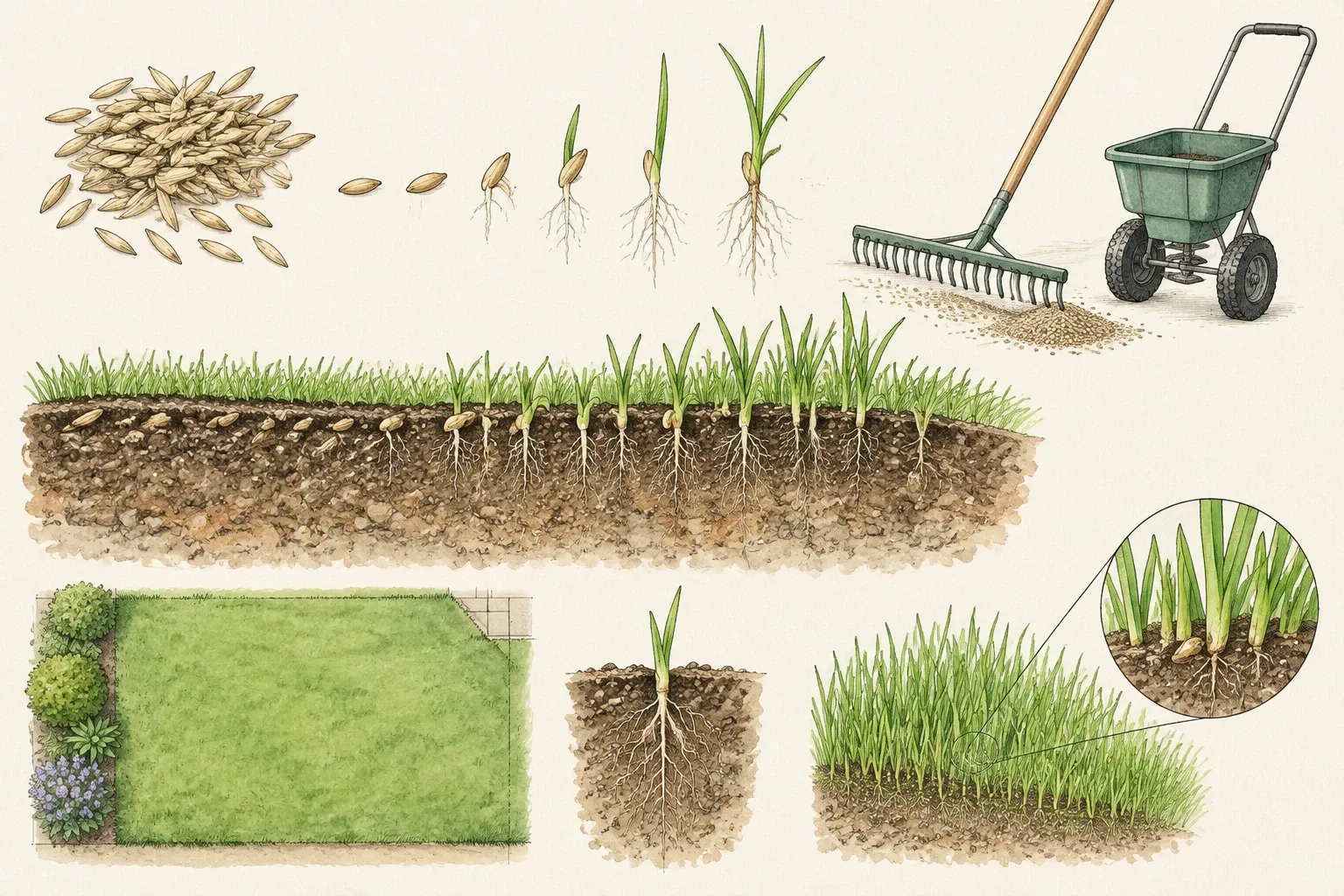 Illustratie van graszaad, kiemplantjes, bodemdoorsnede en zaaigereedschap zoals hark en zaaier