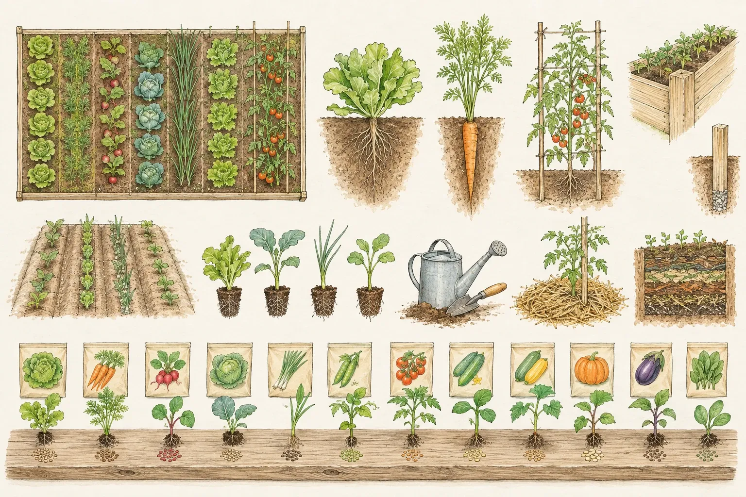 Illustratie van groenten, zaaizaadzakjes en opgroeiende planten in moestuinbedden